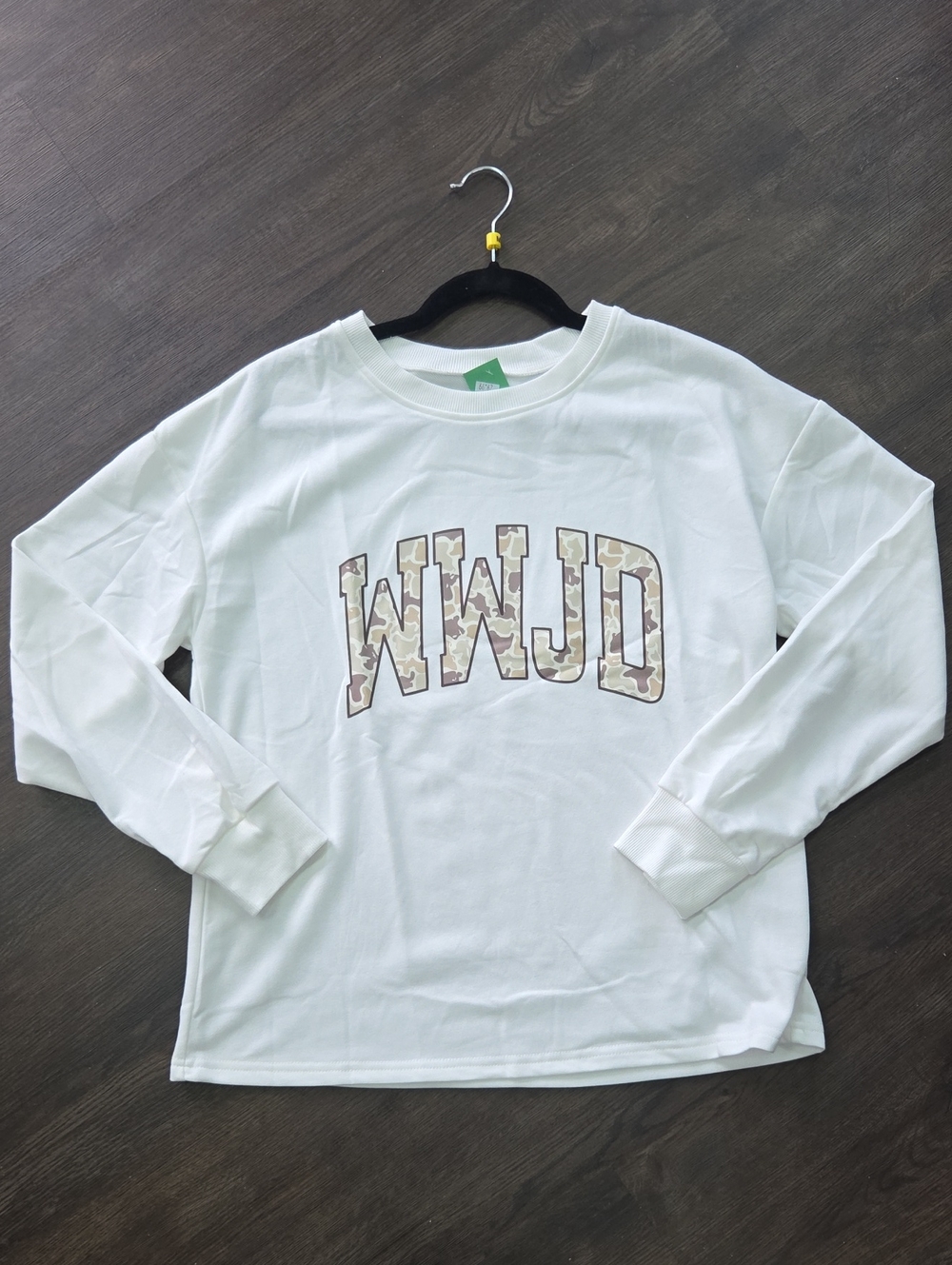 White Long Sleeve Tee with Camouflage WWJD Graphic
